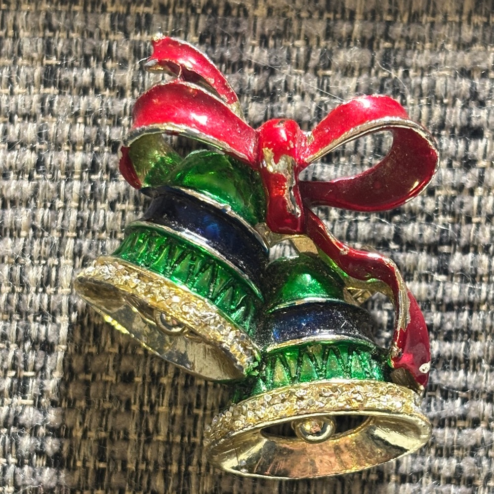 2 Brooches for 30 Christmas Bells Brooch Pin Gold Tone Red Ribbon Blue & Green